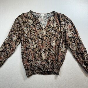 Roan + Ryan Brown Metallic Paisley Smocked Blouse Women's M Long Sleeve Boho Top